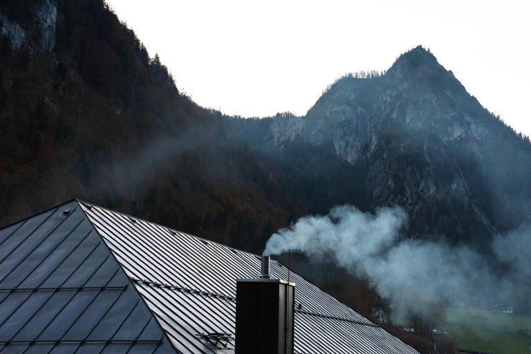 mountains, chimney, smoke, nature, housetop