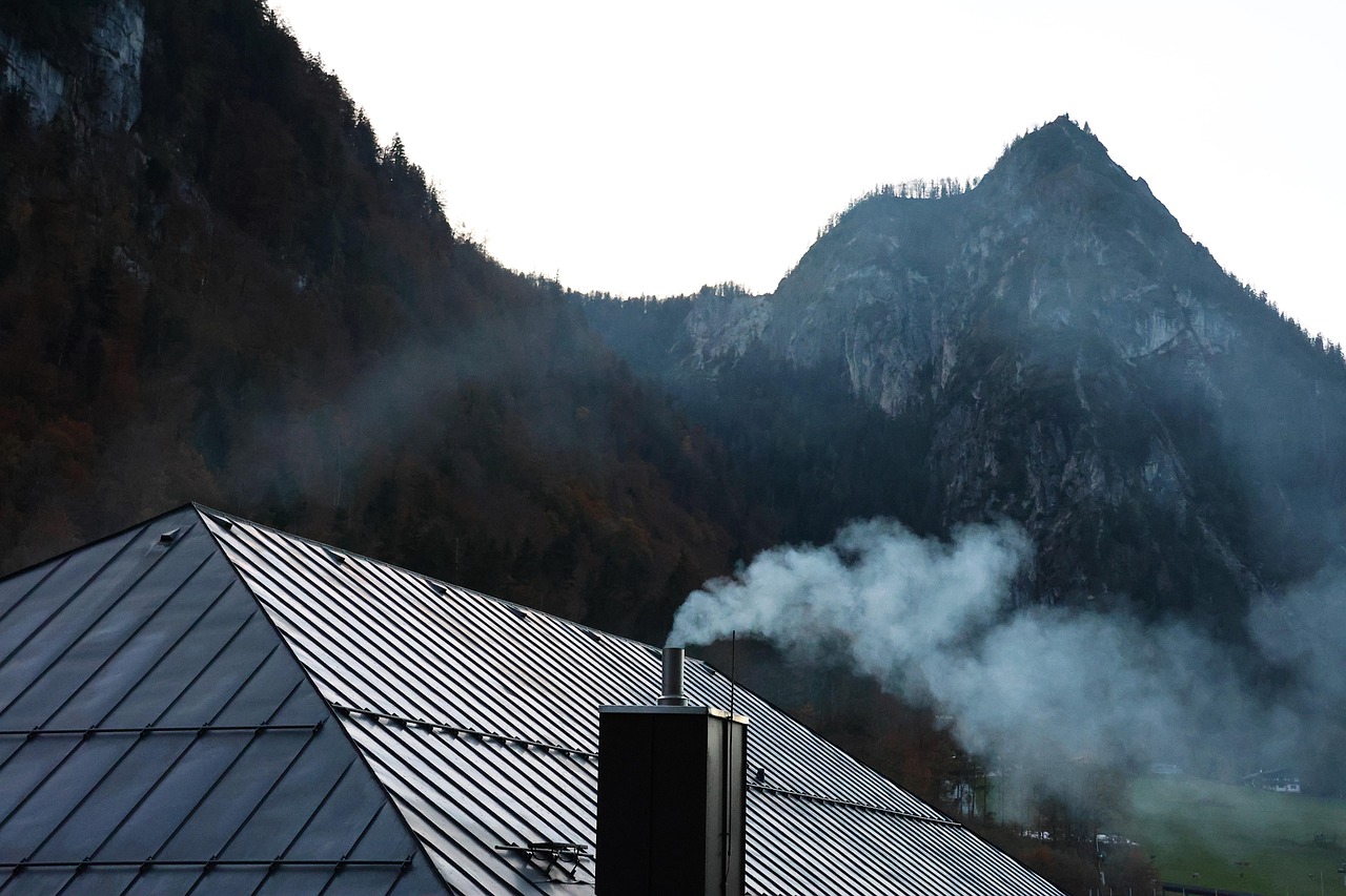 mountains, chimney, smoke, nature, housetop